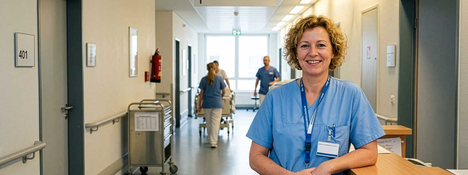 Eine Krankenschwester auf einem Flur im Krankenhaus