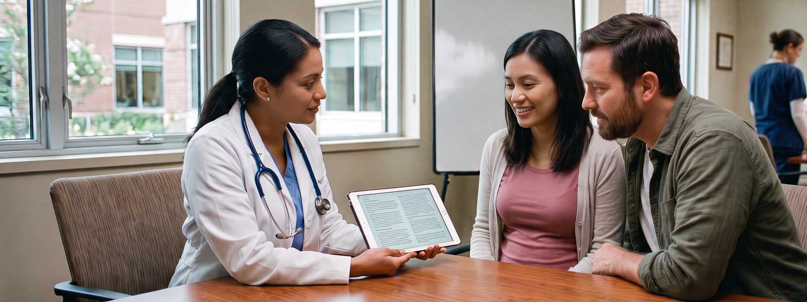Eine Ärztin berät ein Ehepaar mittels eines Tablets