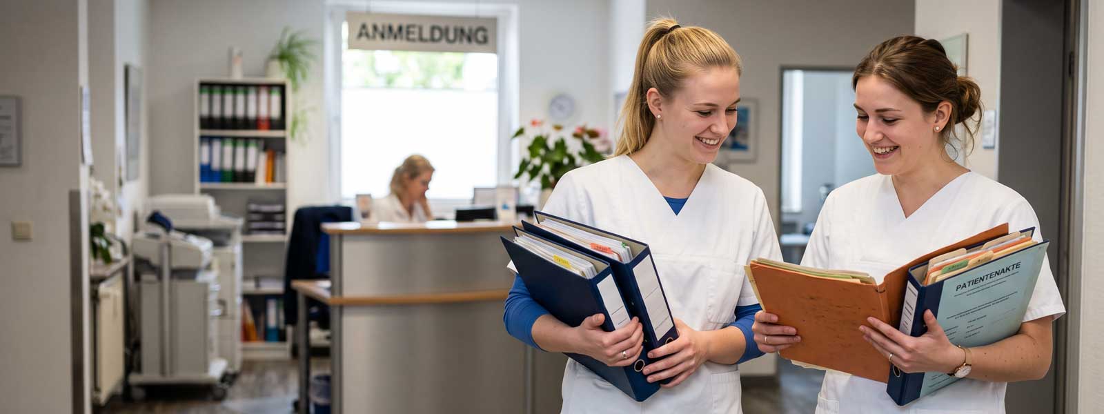 Zwei junge Pflegekräfte mit Akten in den Händen in einer Arztpraxis