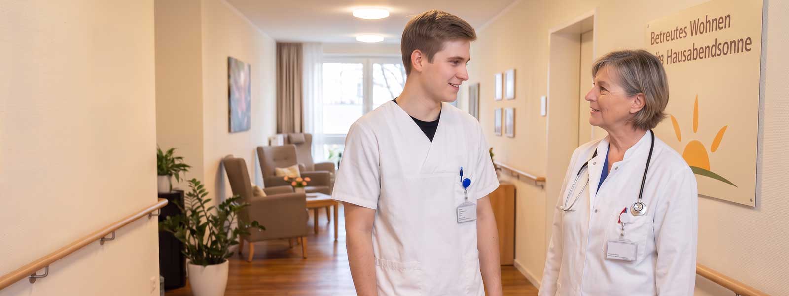 Eine ältere Pflegekraft spricht mit einem jungen Krankenpflegeschüler