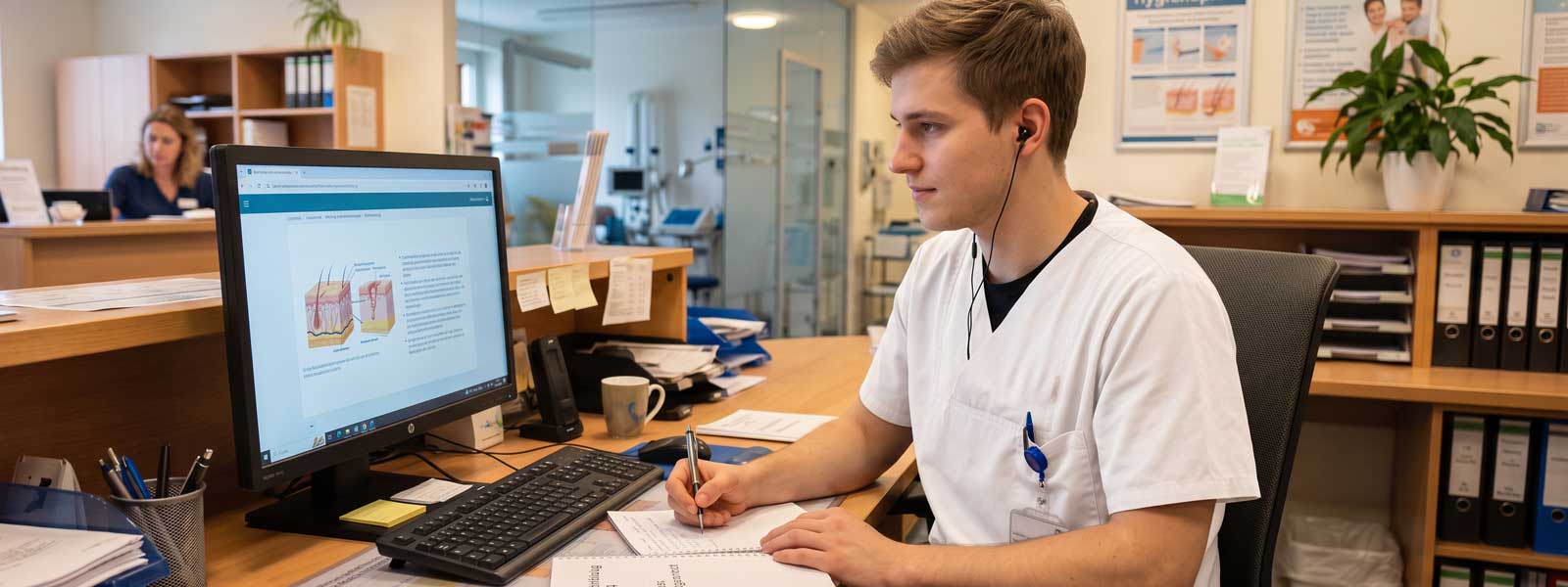 Ein junger Pfleger sitzt an einem Computer und lernt zum Thema Pflege