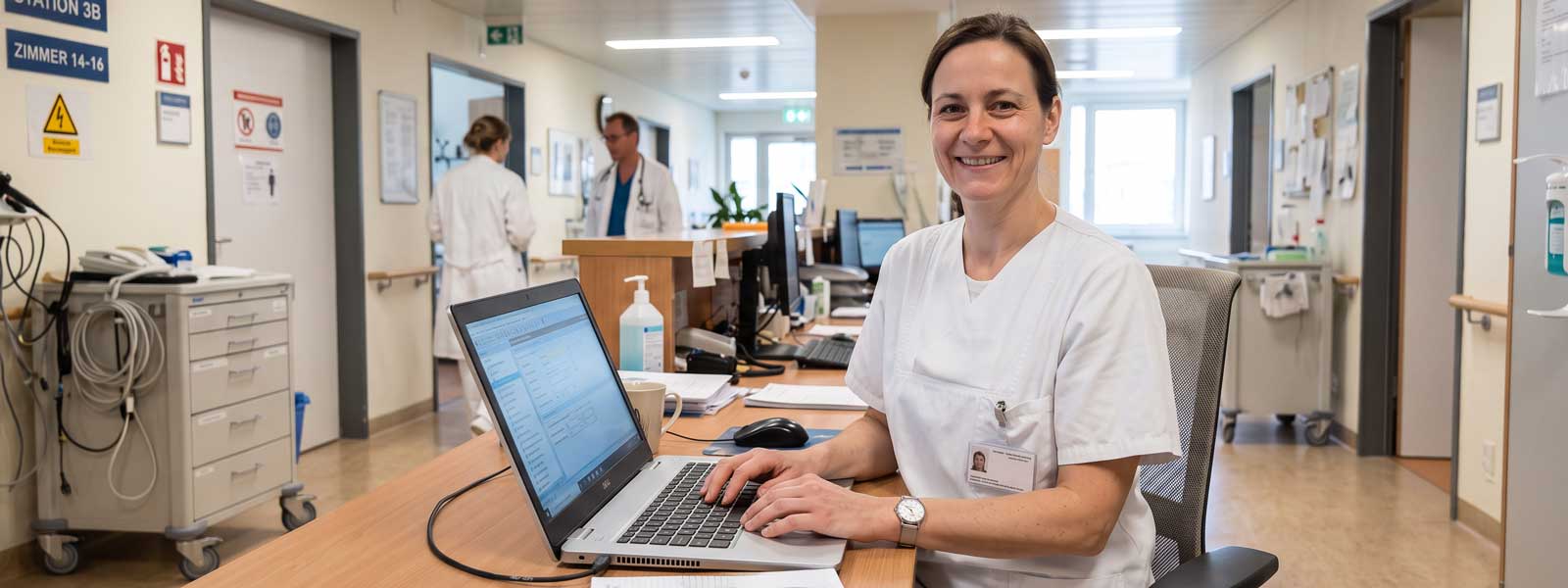Eine Pflegekraft sitzt an einem Laptop auf einer Pflegestation